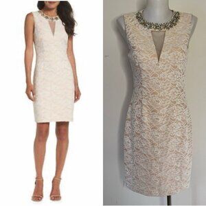 Eliza J Dress Embellished Lace Sheath Ivory Lined Wedding Neutral Floral Sz 6